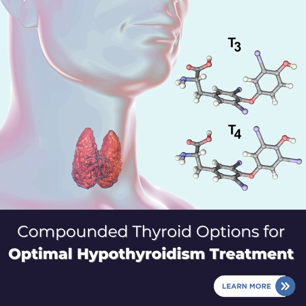 Thyroid gland with T3 and T4 Molecules with a click button to go to the blog post.